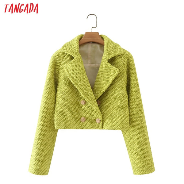 Tangada Women Green Tweed Crop Blazer Coat Vintage Notched Collar Pocket 2022 Autumn Winter Female Casual Chic Tops DA30