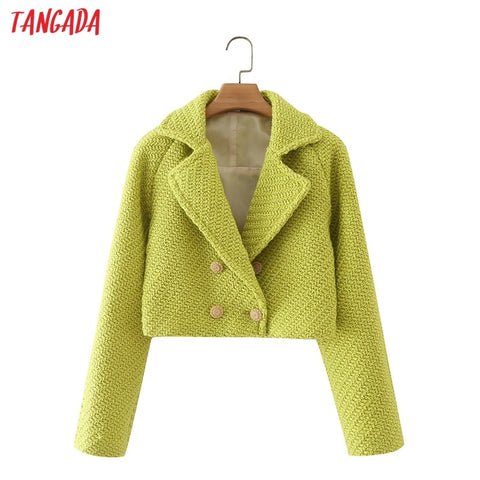 Tangada Women Green Tweed Crop Blazer Coat Vintage Notched Collar Pocket 2022 Autumn Winter Female Casual Chic Tops DA30