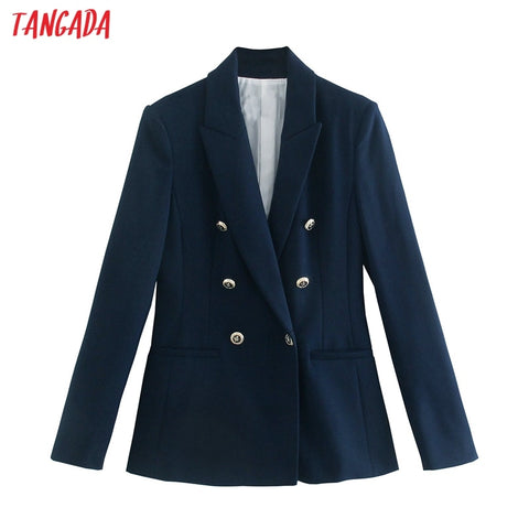 Tangada Women Navy Blazer Coat Vintage Notched Collar Pocket 2023 Autumn Female Work Chic Tops 2W39