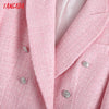 Tangada Women Pink Double Breasted Tweed Suit Blazer Coat Vintage Long Sleeve Pockets Female Outerwear BE755