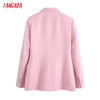 Tangada Women Pink Double Breasted Tweed Suit Blazer Coat Vintage Long Sleeve Pockets Female Outerwear BE755