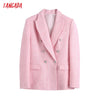 Tangada Women Pink Double Breasted Tweed Suit Blazer Coat Vintage Long Sleeve Pockets Female Outerwear BE755