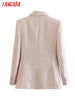 Tangada Women Pink Tweed Double Breasted Blazer Coat Vintage Long Sleeve Flap Pockets Female Suit 6X76