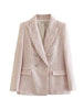 Tangada Women Pink Tweed Double Breasted Blazer Coat Vintage Long Sleeve Flap Pockets Female Suit 6X76