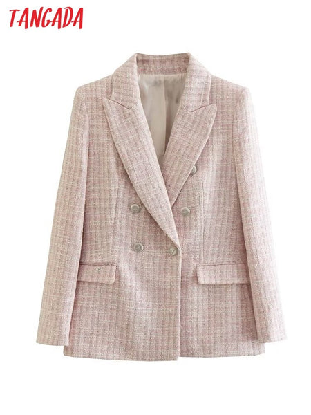 Tangada Women Pink Tweed Double Breasted Blazer Coat Vintage Long Sleeve Flap Pockets Female Suit 6X76