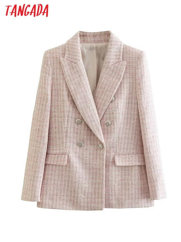 Tangada Women Pink Tweed Double Breasted Blazer Coat Vintage Long Sleeve Flap Pockets Female Suit 6X76
