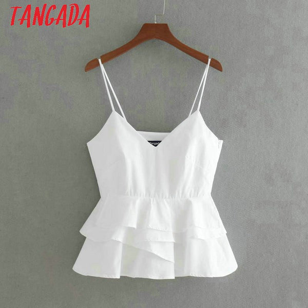 Women Ruffles Tops Sexy V-neck Tanks Side Zipper Strappy Backless Camisole Short Tops 2022 White Camis 3D01