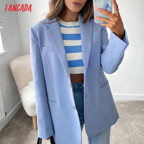 Tangada Women Solid Candy Blue Blazer Coat Vintage Notched Collar Pocket 2022 Female Oversized Casual Chic Tops QJ42