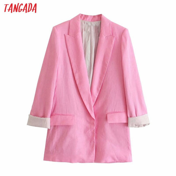 Tangada Women Solid Cotton Linen Blazer Coat Vintage Notched Collar Pocket 2022 Female Casual Chic Tops 3H115
