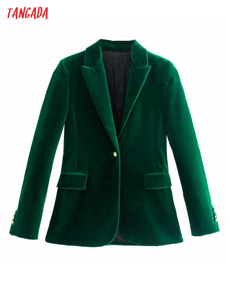 Tangada Women Solid Velvet Blazer Coat Vintage Notched Collar Pocket 2023 Female Casual Chic Tops 3H820