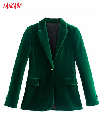 Tangada Women Solid Velvet Blazer Coat Vintage Notched Collar Pocket 2023 Female Casual Chic Tops 3H820
