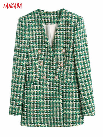 Tangada Women Vintage Green Plaid Tweed Thick Blazer Female Long Sleeve Elegant Ladies Work Wear Blazer Suits BE103