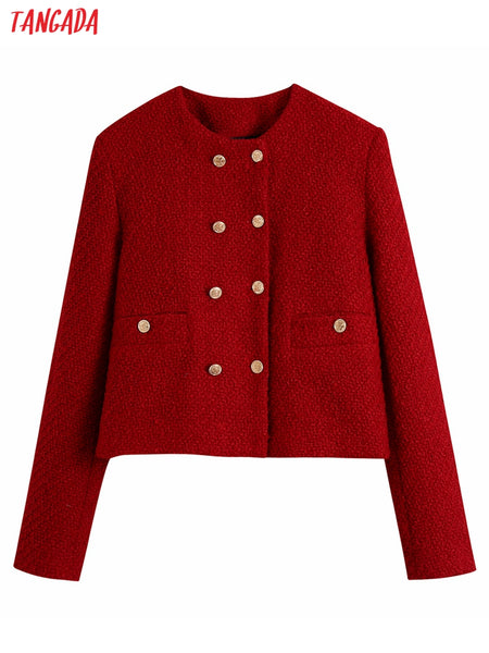 Tangada Women Vintage Red Tweed Blazer Female Long Sleeve Elegant Jacket Ladies Crop Blazer Suits BE318