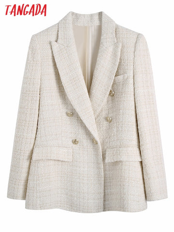 Tangada Women Vintage White Tweed Blazer Female Long Sleeve Elegant Jacket Ladies Blazer Suits BE264