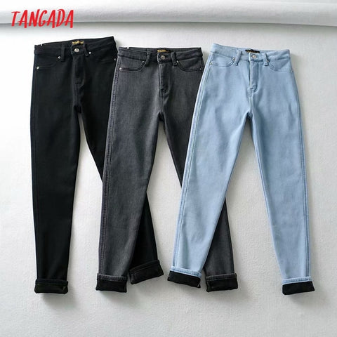 Tangada Women's Pants Flecce Slim Jeans Women High Waist Autumn Winter Denim Pants NA07