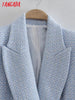 Tangada women Thick Blue Tweed blazer female long sleeve elegant jacket ladies blazer suits 5Z126