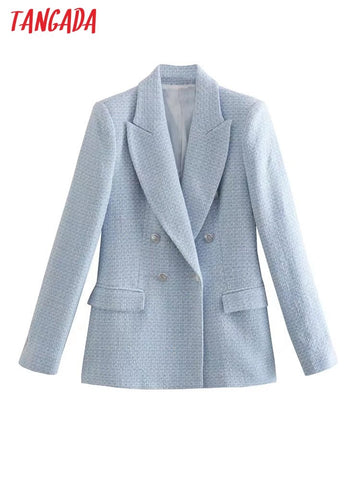Tangada women Thick Blue Tweed blazer female long sleeve elegant jacket ladies blazer suits 5Z126
