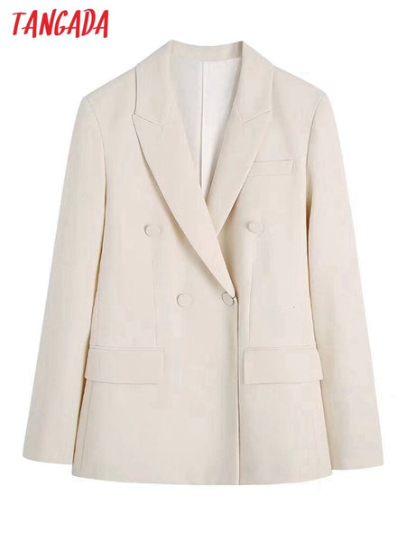 Tangada women beige blazer female long sleeve elegant jacket ladies work wear blazer suits BE100