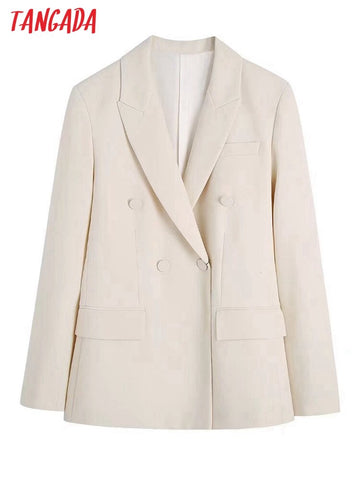 Tangada women beige blazer female long sleeve elegant jacket ladies work wear blazer suits BE100