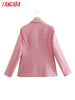 Tangada women vintage Tweed blazer Double Breasted female long sleeve elegant jacket ladies blazer suits 2J07