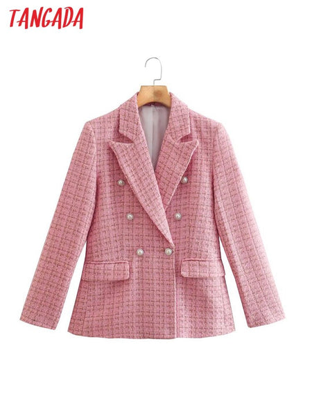 Tangada women vintage Tweed blazer Double Breasted female long sleeve elegant jacket ladies blazer suits 2J07
