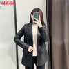 Tangada women vintage black faux leather blazer female long sleeve jacket ladies high street casual blazer suits 6A105