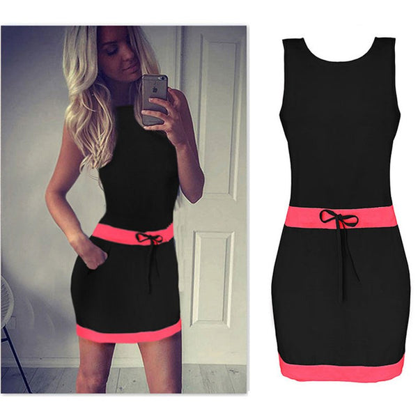 Tank Dress Patchwork Summer Bodycon Dress Sexy Casual Sleeveless Slim Lace Up Bow Bandage Candy Color Dresses Robes 2022
