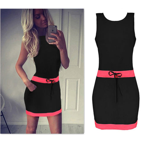 Tank Dress Patchwork Summer Bodycon Dress Sexy Casual Sleeveless Slim Lace Up Bow Bandage Candy Color Dresses Robes 2022