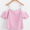 Tank Top Women 2022 Women Summer Pinstripe Blouse Cold Shoulder Blouse Tops T-Shirt Camisole Feminina V-Neck Cute Ruffle Jane 28