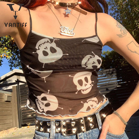 Tank Tops Female Hip Hop Sexy Crop Tank Tops Women Mesh Suspender Top  Summer Sexy Perspective Personality Vest Female