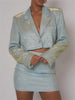 Taruxy Glitter Crop Blazer Two Piece Sets With Skirt Womens Outifits Fall 2023 Sliver Sparkly Blazer Sets Party Female Suit