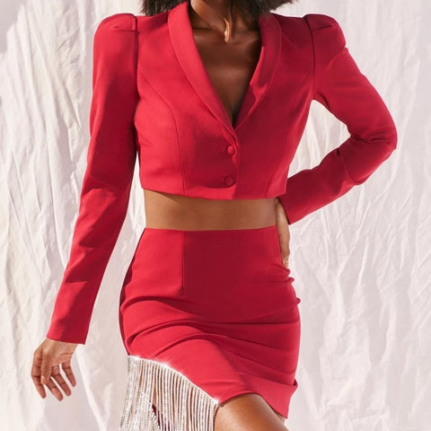 Tassel Diamond Blazer Skirt Suits Two Piece Set Women Solid Colors Single Breasted Short Blazer Casual Mini Skirts Set