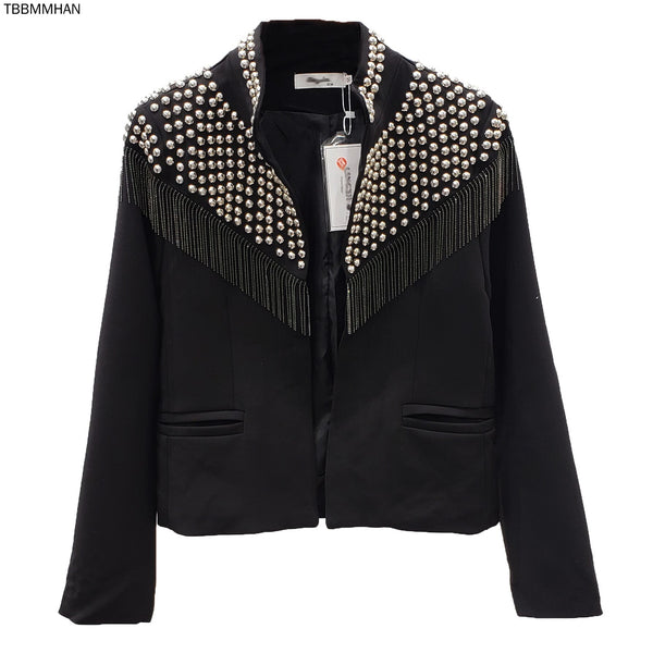 Tassel Rivet Short Coat Women's 2022 Spring and Autumn Korean Ins Versatile Suit  Full Sleeve Black Coat of Women