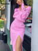 Tawnie Knitted Women's Split Midi Dress Year 2023 Sexy Elegant V Neck Tunic Long Sleeve Loose Side Split Long Dresses