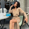 Tawnie Knitted Women's Split Midi Dress Year 2023 Sexy Elegant V Neck Tunic Long Sleeve Loose Side Split Long Dresses