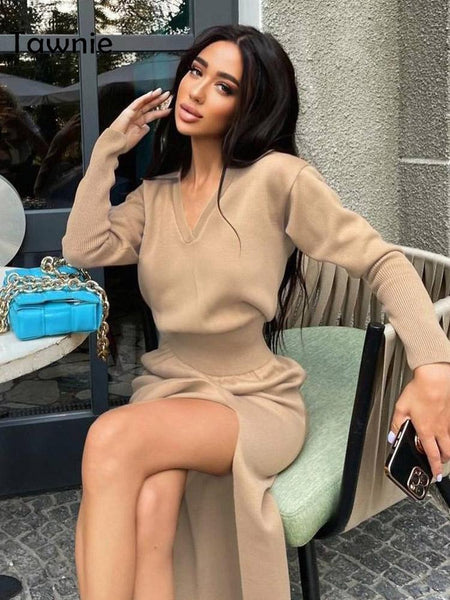 Tawnie Knitted Women's Split Midi Dress Year 2023 Sexy Elegant V Neck Tunic Long Sleeve Loose Side Split Long Dresses
