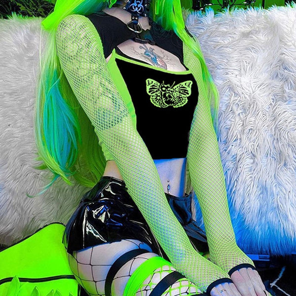Techwear Cyber Gothic Aesthetic T Shirts 2 Piece Sets Butterfly Print Patchwork Women Punk Camis Fishnet Buckle Crop Shrug Tops