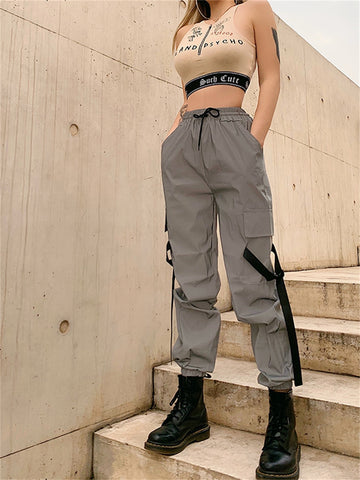 Techwear Street Style Hip Hop Women Cargo Pants Y2k High Waist Bandage Female Vintage Hippie Summer Lace Up Trousers