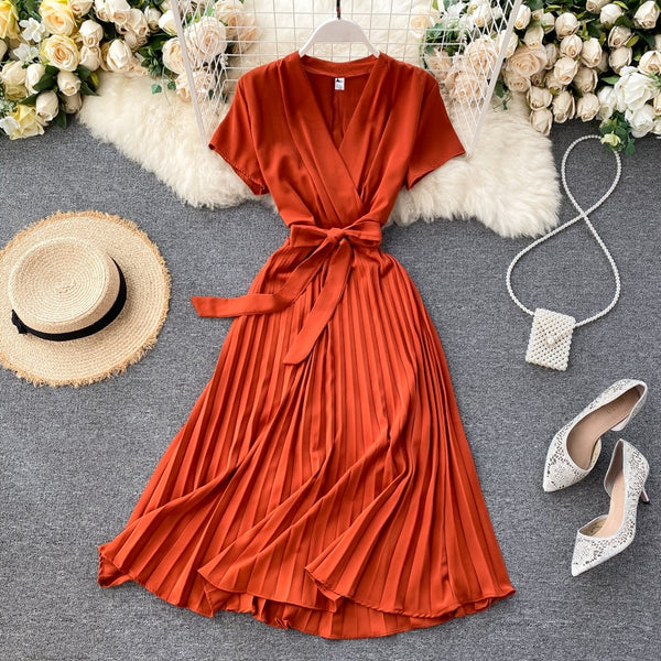 Teeuiear Vintage Slim v neck bandage pleated Dress Summer Party midi long elegant dress vestido de festa Women tunic Dresses