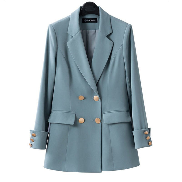 Temperament Korean Style Casual Women Elegant Long Sleeve Double Breasted Blazer Suits Solid Office Ladies Formal Blazer