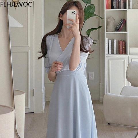 Temperament Romantic Date Korean Chic Women Office Lady Short Sleeve Solid Color V Neck A Line Purple Long Maxi Dress