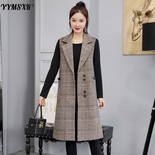 Temperament Women's Long Suit Waistcoat 2023 Spring and Autumn Sleeveless Plaid Ladies Jacket Office Elegant Coat