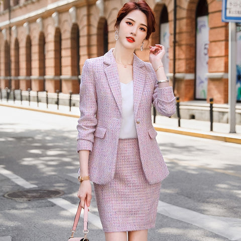 Temperament Women's Suit Pants Two-piece Professional Wear Autumn and Winter Plaid Ladies Jacket Casual Skirt