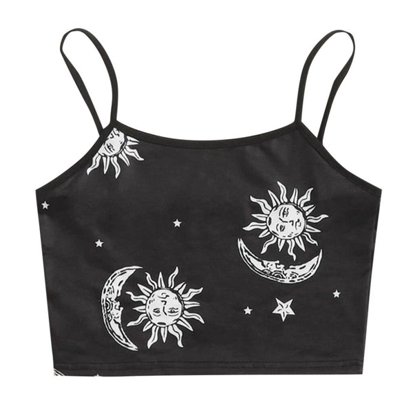 Tenue Sexy Crop Top Women's Round Neck Sleeveless Sun, Moon, Stars Print Slim Fit Crop Top Clubwear Tank Top Topjes Dames @47