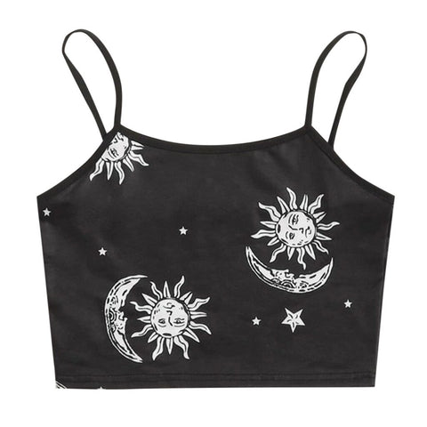 Tenue Sexy Crop Top Women's Round Neck Sleeveless Sun, Moon, Stars Print Slim Fit Crop Top Clubwear Tank Top Topjes Dames @47