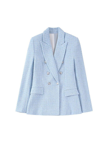 Textured Double Breasted Blazer Women Summer 2023 Retro Chic Lapel Long Sleeve Slim Pockets Solid Color Top
