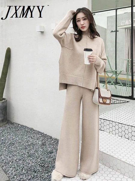 The Drape Knitting Wide-Legged Pants Suit Two-Piece Women Winter Cashmere Sweater Wide-Legged Pants Western Style Suits