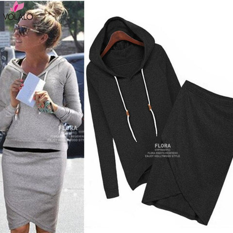 The Fleece Suit Women Hooded Cultivate Hoodies Skirts Set Female Thicken Loose Cotton Top Skirts Sexy Split Set Suit
