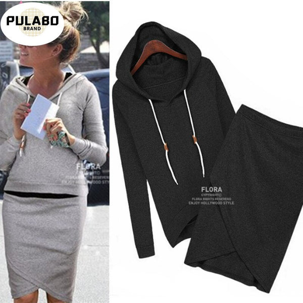 The Fleece Suit Women Hooded Cultivate Hoodies Skirts Set Female Thicken Loose Cotton Top Skirts Sexy Split Set Suit