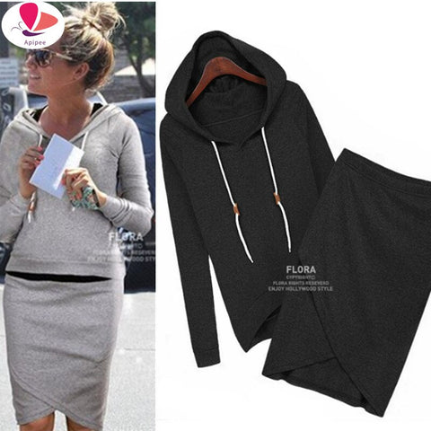 The Fleece Suit Women Hooded Cultivate Hoodies Skirts Set Female Thicken Loose Cotton Top Skirts Sexy Split Set Suit